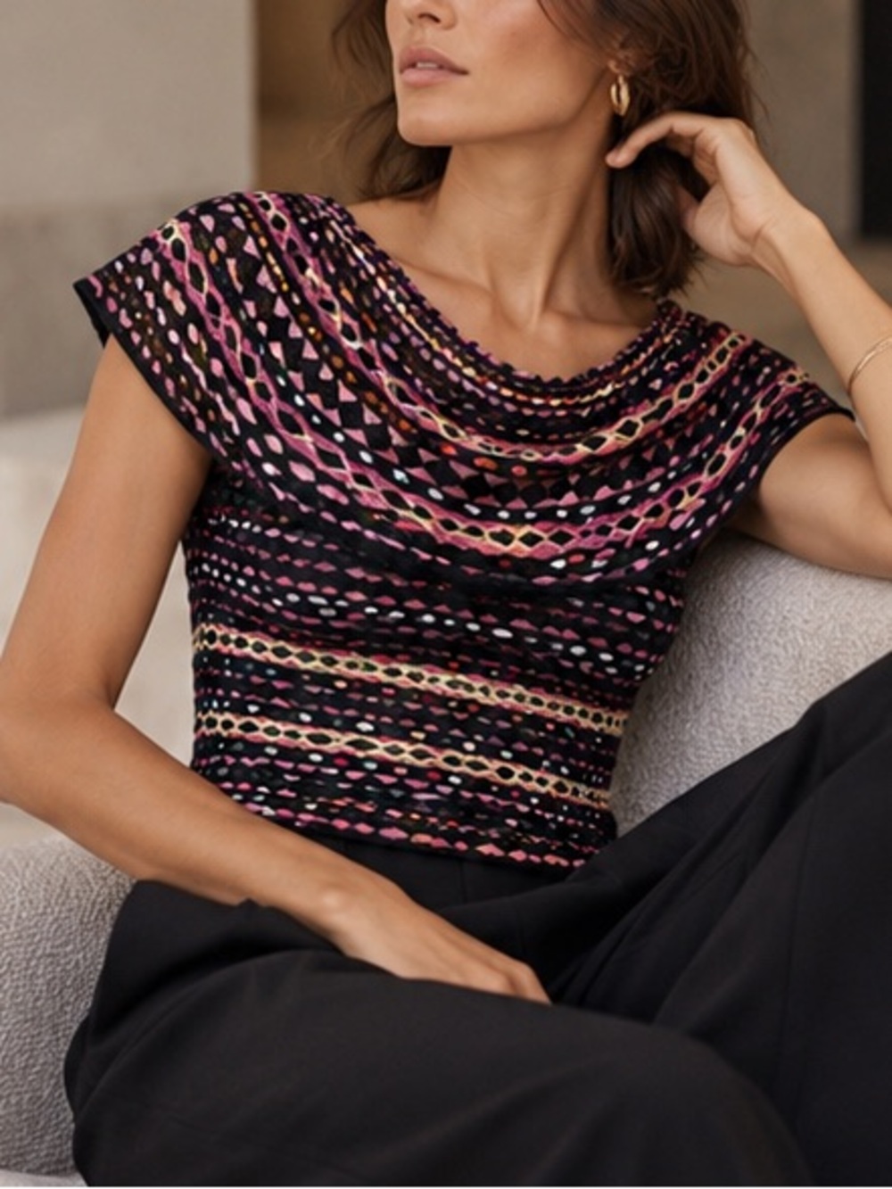 M Missoni Sheer Open Knit Ruffle Overlay Geometric Pattern Top Pink Black